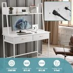 Bureau d'ordinateur avec prises de courant, tiroirs et étagère de rangement, poste de travail pour bureau à domicile
