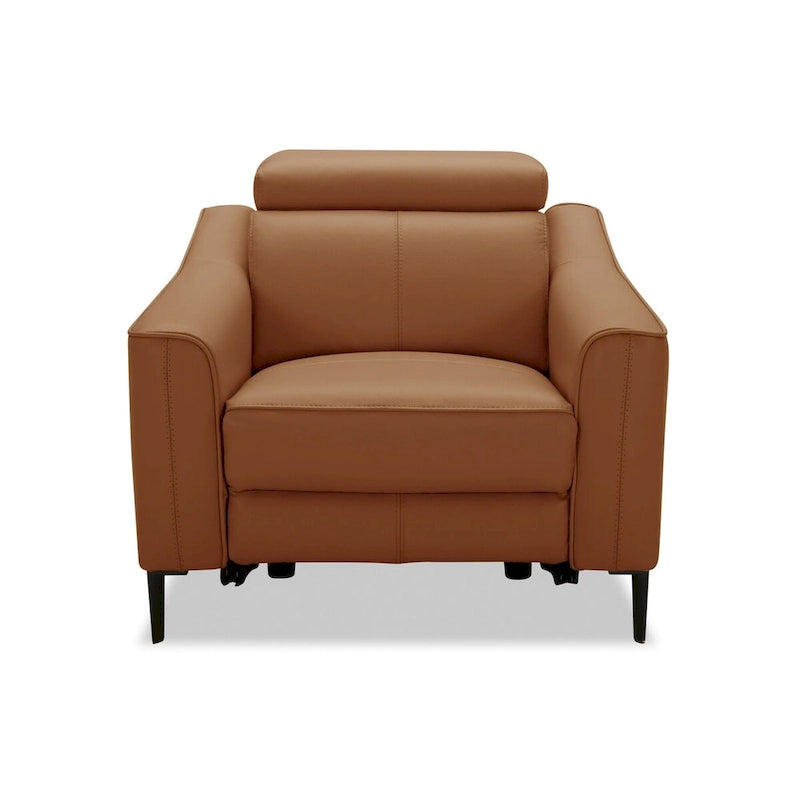 Fauteuil inclinable électrique en cuir véritable couleur chameau avec appuie-tête réglable et cadre en noyer massif