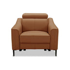 Fauteuil inclinable électrique en cuir véritable couleur chameau avec appuie-tête réglable et cadre en noyer massif