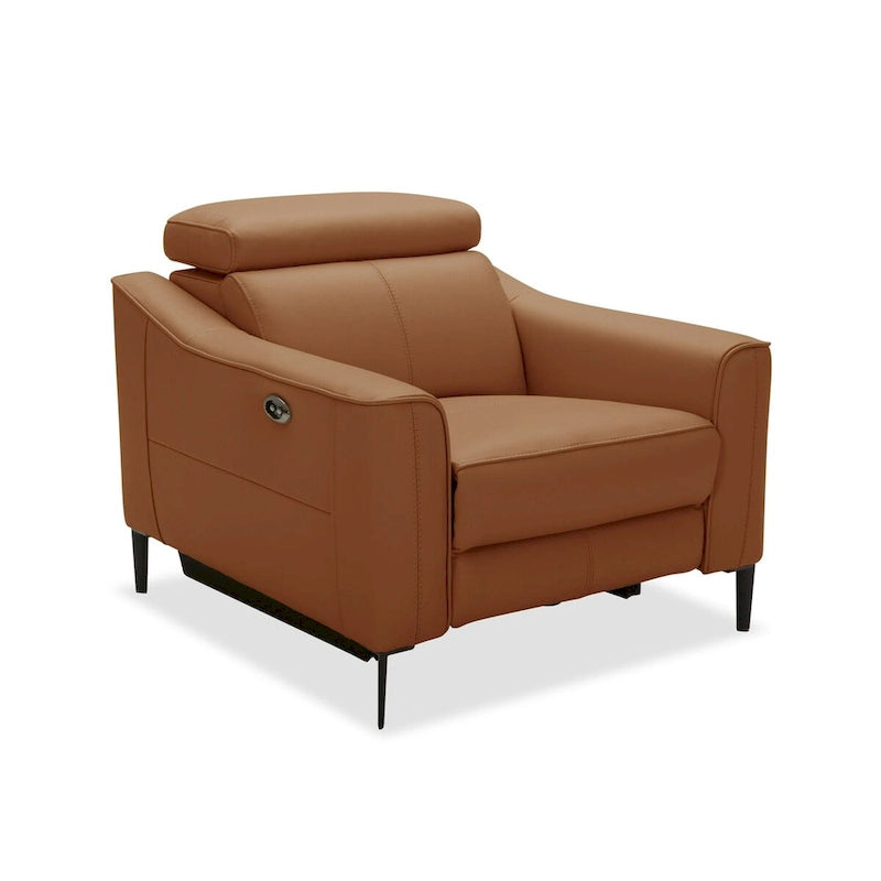 Fauteuil inclinable électrique en cuir véritable couleur chameau avec appuie-tête réglable et cadre en noyer massif
