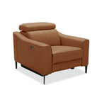 Fauteuil inclinable électrique en cuir véritable couleur chameau avec appuie-tête réglable et cadre en noyer massif