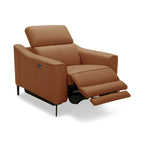 Fauteuil inclinable électrique en cuir véritable couleur chameau avec appuie-tête réglable et cadre en noyer massif