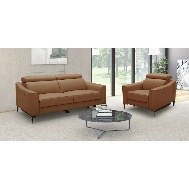 Fauteuil inclinable électrique en cuir véritable couleur chameau avec appuie-tête réglable et cadre en noyer massif