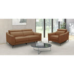 Fauteuil inclinable électrique en cuir véritable couleur chameau avec appuie-tête réglable et cadre en noyer massif