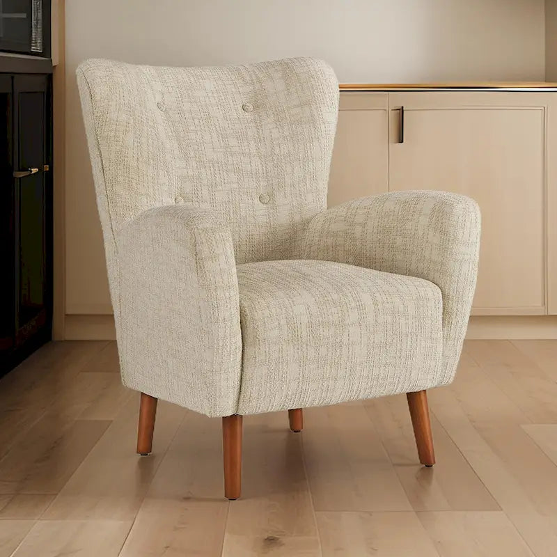 Fauteuil d'appoint en polyester beige avec coussins moelleux et pieds en bois – 29.88x30x37.75 po