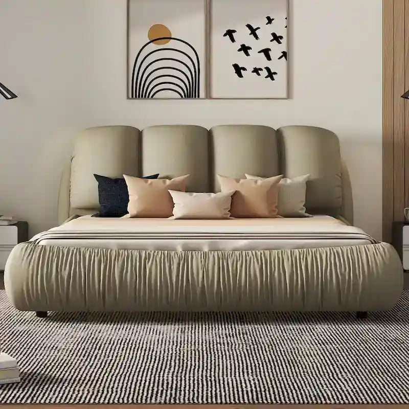Lit rembourré Queen Size avec tête de lit capitonnée épaisse – Gris Pierre/Beige/Gris/Blanc