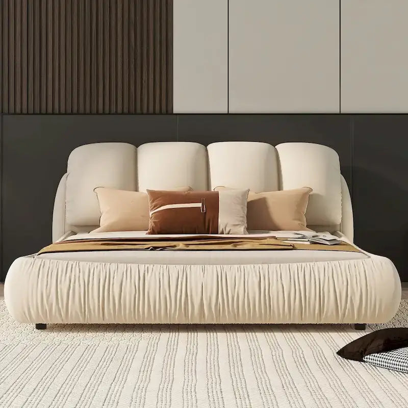 Lit rembourré Queen Size avec tête de lit capitonnée épaisse – Gris Pierre/Beige/Gris/Blanc