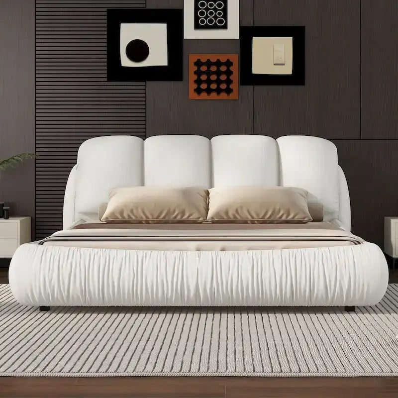 Lit rembourré Queen Size avec tête de lit capitonnée épaisse – Gris Pierre/Beige/Gris/Blanc