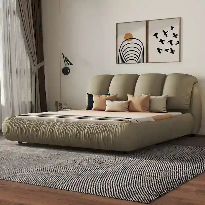 Lit rembourré Queen Size avec tête de lit capitonnée épaisse – Gris Pierre/Beige/Gris/Blanc