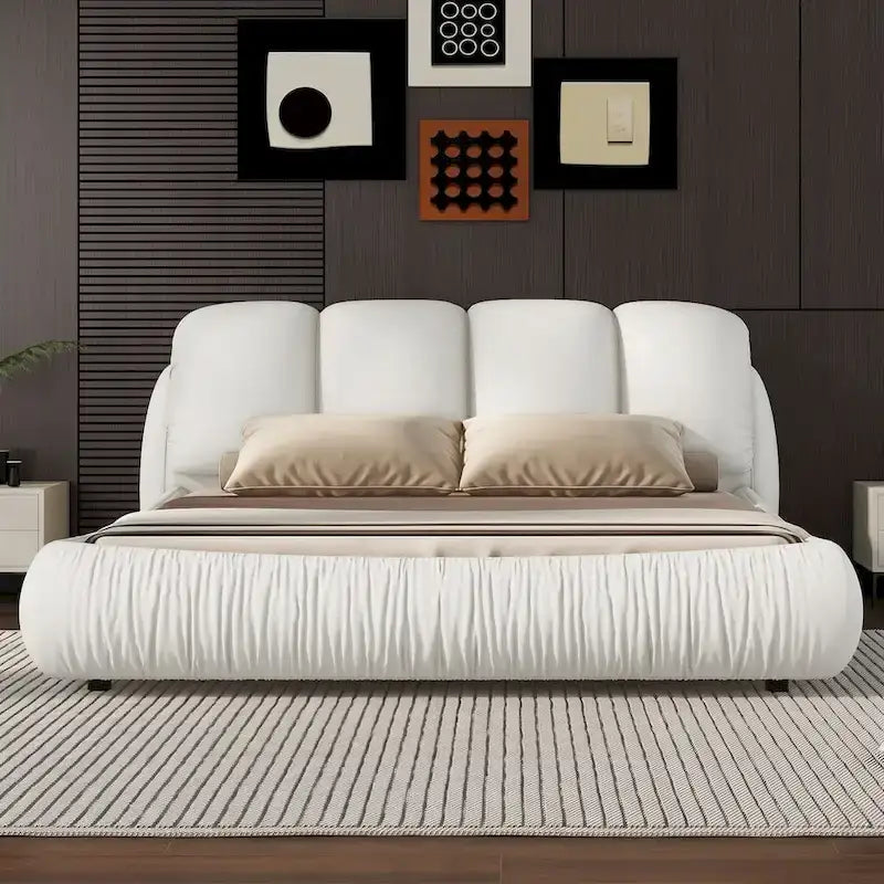 Lit rembourré Queen Size avec tête de lit capitonnée épaisse – Gris Pierre/Beige/Gris/Blanc