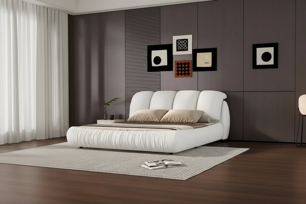 Lit rembourré Queen Size avec tête de lit capitonnée épaisse – Gris Pierre/Beige/Gris/Blanc