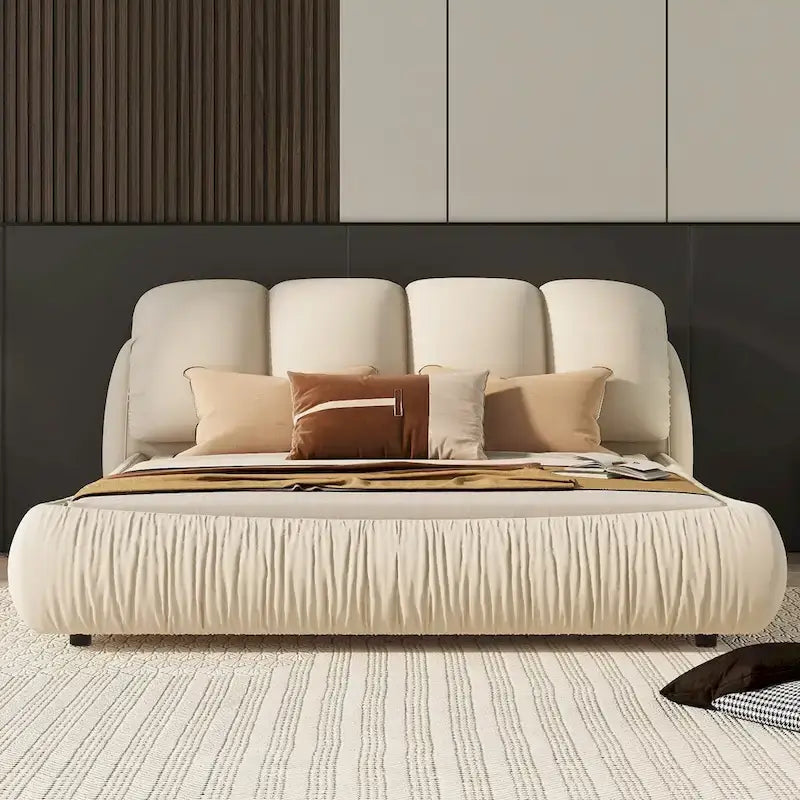 Lit rembourré Queen Size avec tête de lit capitonnée épaisse – Gris Pierre/Beige/Gris/Blanc