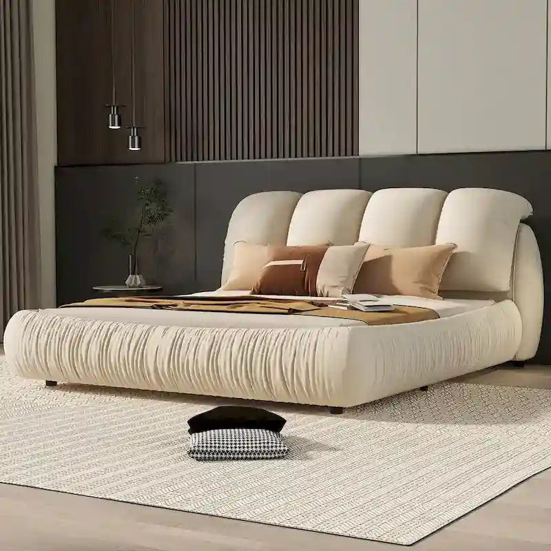 Lit rembourré Queen Size avec tête de lit capitonnée épaisse – Gris Pierre/Beige/Gris/Blanc