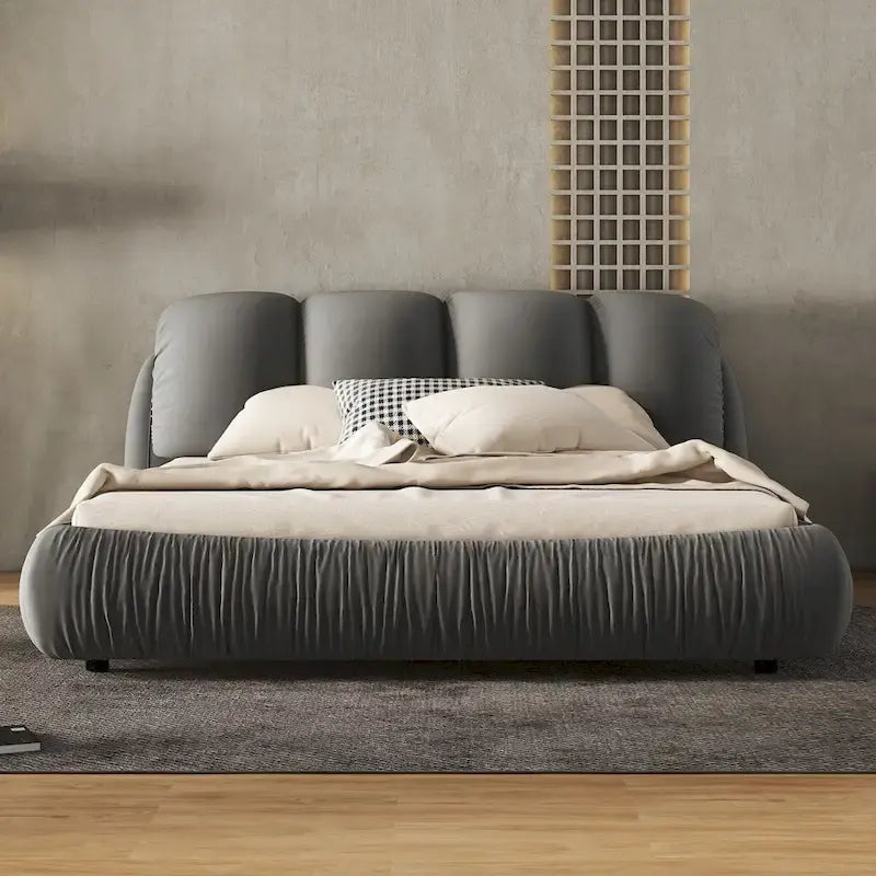Lit rembourré Queen Size avec tête de lit capitonnée épaisse – Gris Pierre/Beige/Gris/Blanc