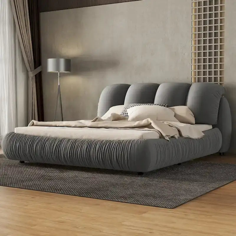 Lit rembourré Queen Size avec tête de lit capitonnée épaisse – Gris Pierre/Beige/Gris/Blanc